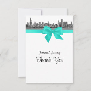 Chicago Skyline Etched BW Aqua Dank u Bedankkaart