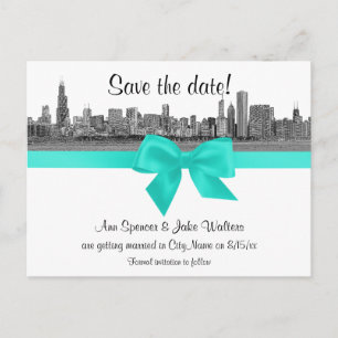 Chicago Skyline Etched BW Aqua Save the Date Aankondigingskaart