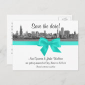 Chicago Skyline Etched BW Aqua Save the Date Aankondigingskaart (Voorkant / Achterkant)