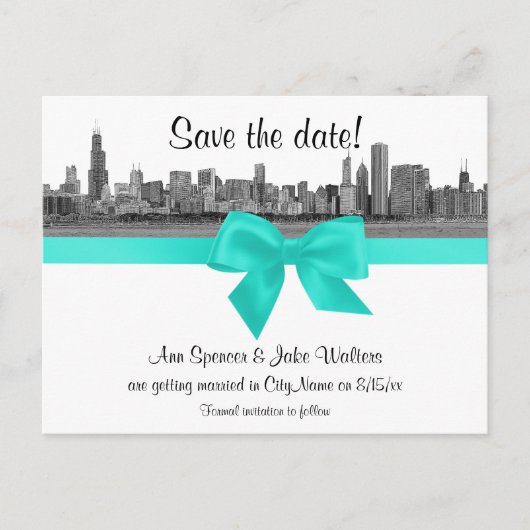 Chicago Skyline Etched BW Aqua Save the Date Aankondigingskaart (Voorkant)