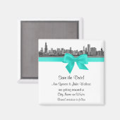 Chicago Skyline Etched BW Aqua Save the Date Magneet (Voorkant / Achterkant)
