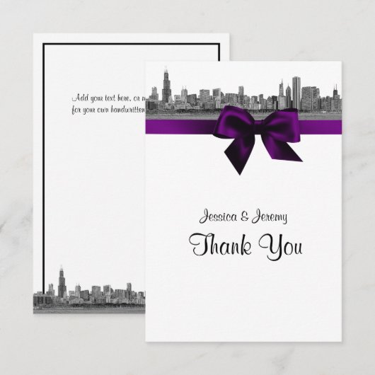 Chicago Skyline Etched BW Paars Dank je Bedankkaart (Voorkant / Achterkant)