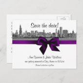Chicago Skyline Etched BW Paars Save the Date Aankondigingskaart (Voorkant / Achterkant)