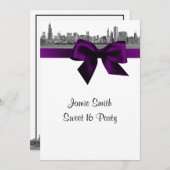 Chicago Skyline Etched BW Paars Sweet 16 Kaart (Voorkant / Achterkant)