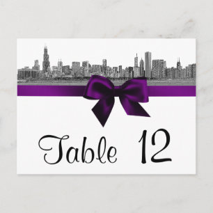 Chicago Skyline Etched BW Paars Table Number Briefkaart