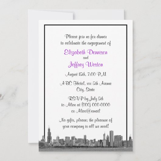 Chicago Skyline Etched BW Paarse Engagement Party Kaart (Achterkant)