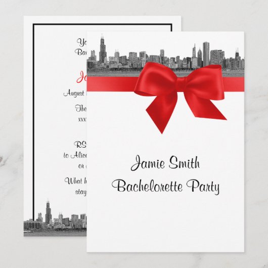 Chicago Skyline Etched BW Red Bachelorette Kaart (Voorkant / Achterkant)
