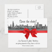 Chicago Skyline Etched BW Red Save the Date Aankondigingskaart (Voorkant / Achterkant)