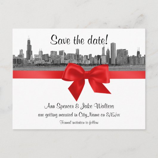 Chicago Skyline Etched BW Red Save the Date Aankondigingskaart (Voorkant)