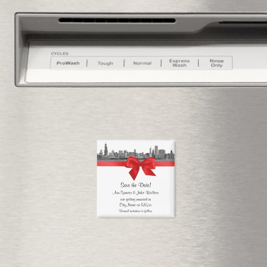 Chicago Skyline Etched BW Red Save the Date Magneet (Insitu (Vaatwasser))