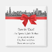 Chicago Skyline Etched BW Red Save the Date Magneet (Voorkant)