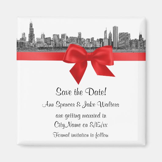 Chicago Skyline Etched BW Red Save the Date Magneet (Voorkant)