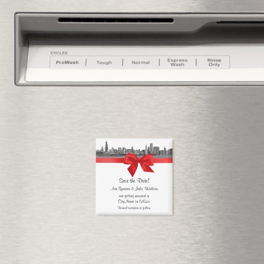 Chicago Skyline Etched BW Red Save the Date Magneet (Insitu (Vaatwasser))