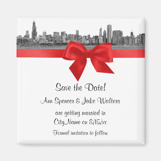 Chicago Skyline Etched BW Red Save the Date Magneet (Voorkant)