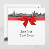 Chicago Skyline Etched BW Red SQ Vrijgezellenfeest Kaart (Voorkant / Achterkant)