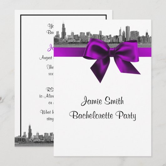 Chicago Skyline Etched BW Violet Bachelorette Kaart (Voorkant / Achterkant)