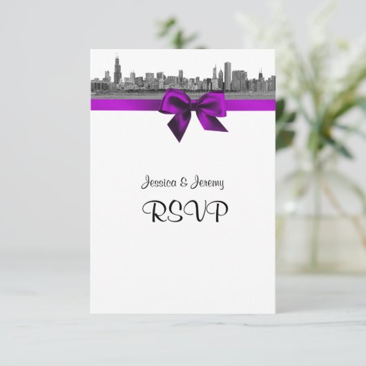 Chicago Skyline Etched BW Violet RSVP Menu (Staand voorkant)