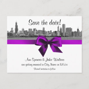 Chicago Skyline Etched BW Violet Save the Date Aankondigingskaart