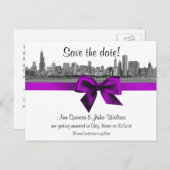 Chicago Skyline Etched BW Violet Save the Date Aankondigingskaart (Voorkant / Achterkant)