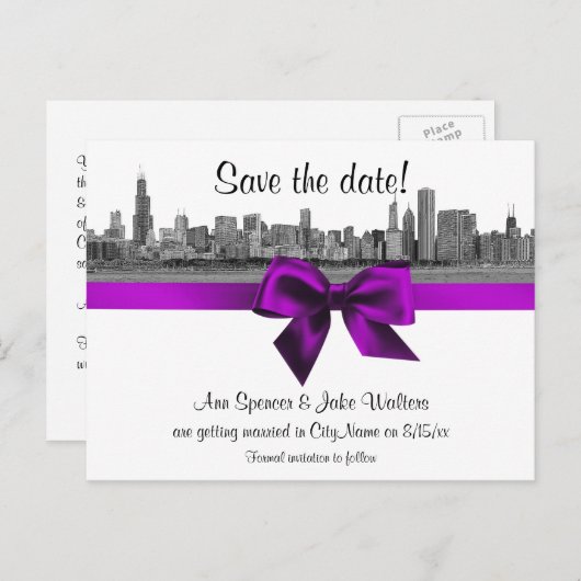 Chicago Skyline Etched BW Violet Save the Date Aankondigingskaart (Voorkant / Achterkant)