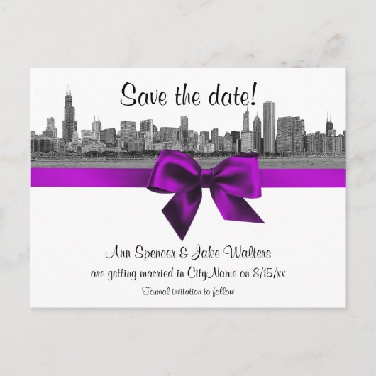 Chicago Skyline Etched BW Violet Save the Date Aankondigingskaart (Voorkant)