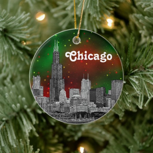 Chicago Skyline Etched, Green Red Starry Sky Xmas Keramisch Ornament (Boom)