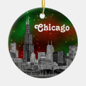 Chicago Skyline Etched, Green Red Starry Sky Xmas Keramisch Ornament (Voorkant)