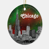 Chicago Skyline Etched, Green Red Starry Sky Xmas Keramisch Ornament (Links)