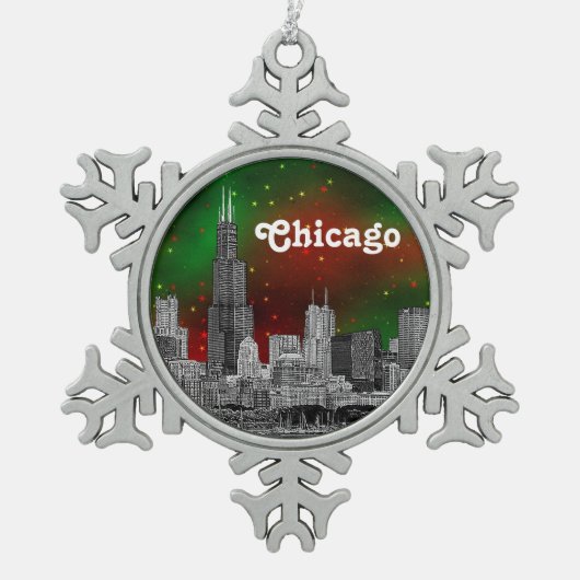 Chicago Skyline Etched, Green Red Starry Sky Xmas Tin Sneeuwvlok Ornament (Voorkant)