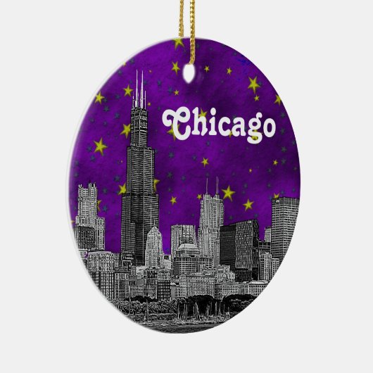 Chicago Skyline Etched, Paarse Starry Sky Keramisch Ornament (Rechts)
