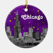 Chicago Skyline Etched, Paarse Starry Sky Keramisch Ornament (Voorkant)
