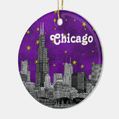 Chicago Skyline Etched, Paarse Starry Sky Keramisch Ornament (Links)