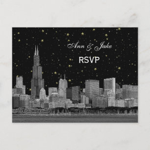 Chicago Skyline Etched Starry DIY BG RSVP 1 Uitnodiging Briefkaart