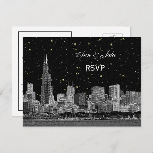 Chicago Skyline Etched Starry DIY BG RSVP 1 Uitnodiging Briefkaart (Voorkant / Achterkant)