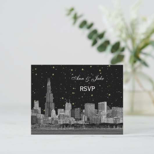 Chicago Skyline Etched Starry DIY BG RSVP 1 Uitnodiging Briefkaart (Staand voorkant)