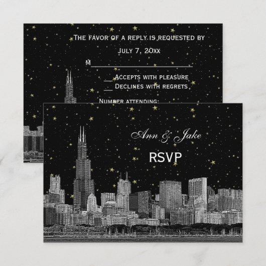Chicago Skyline Etched Starry DIY BG RSVP #2 Kaartje (Voorkant / Achterkant)