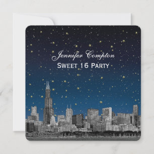 Chicago Skyline Ets Blaue Sterren SQ Sweet 16 Kaart