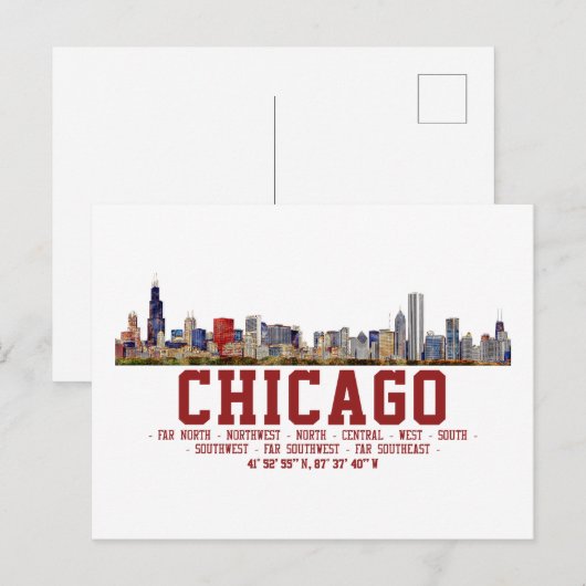 Chicago Skyline. Gebiedsnamen en coördinaten Briefkaart (Voorkant / Achterkant)