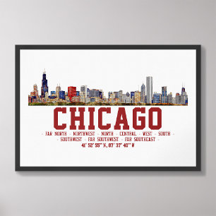 Chicago Skyline. Gebiedsnamen en coördinaten Foto Afdruk