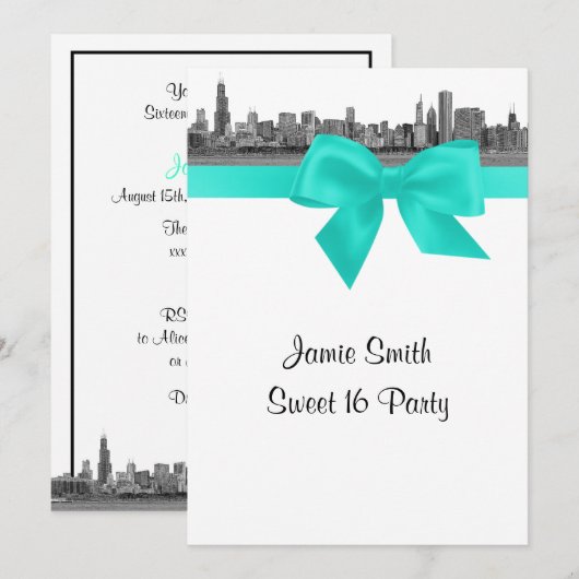 Chicago skyline geëtst BW aqua zoet zestien Kaart (Voorkant / Achterkant)