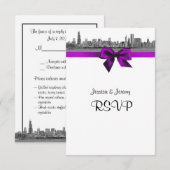 Chicago Skyline Geëtst BW Paars RSVP Menu (Voorkant / Achterkant)