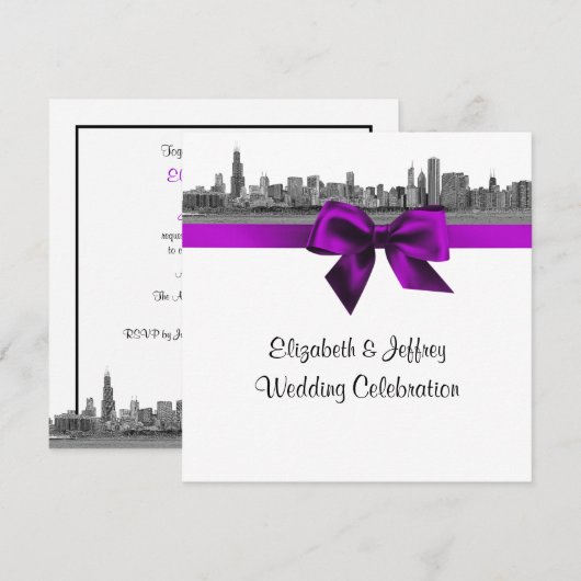 Chicago skyline geëtst BW SQ Violet bruiloft Kaart (Voorkant / Achterkant)