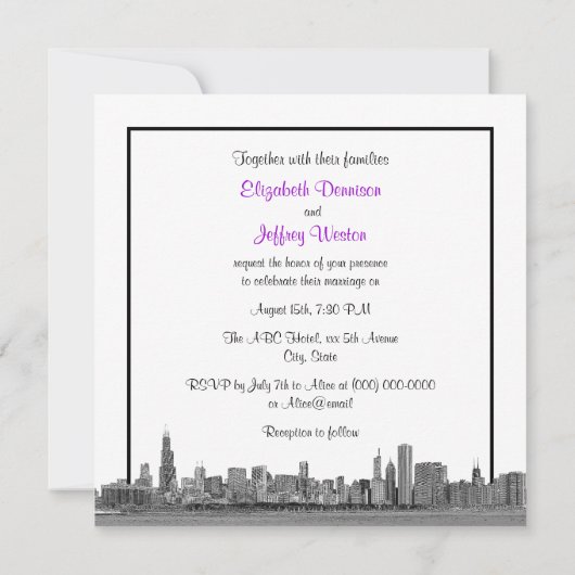 Chicago skyline geëtst BW SQ Violet bruiloft Kaart (Achterkant)