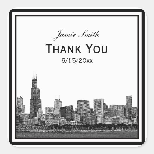 Chicago skyline geëtst ingelijst dank u vierkante sticker (Voorkant)