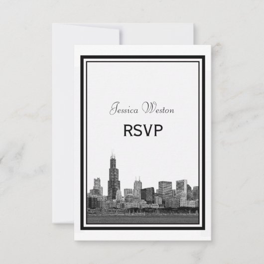 Chicago Skyline Geëtst Ingelijst RSVP Kaartje (Voorkant)