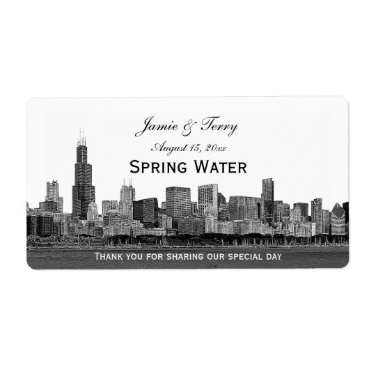 Chicago skyline geëtste H-waterfles Etiket (Voorkant)