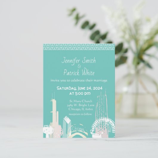 Chicago Skyline groen en pastel bruiloft Invitati Uitnodiging Briefkaart (Staand voorkant)