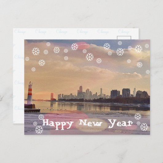 Chicago skyline Happy New Year briefkaart (Voorkant / Achterkant)