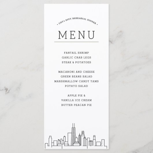 Chicago Skyline | Huwelijksevenement Diner Menu (Voorkant)