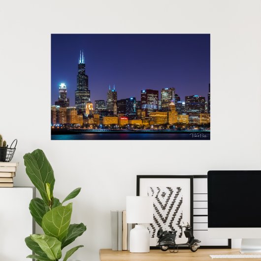 Chicago Skyline Illinois Night Sky Poster (Thuiskantoor)